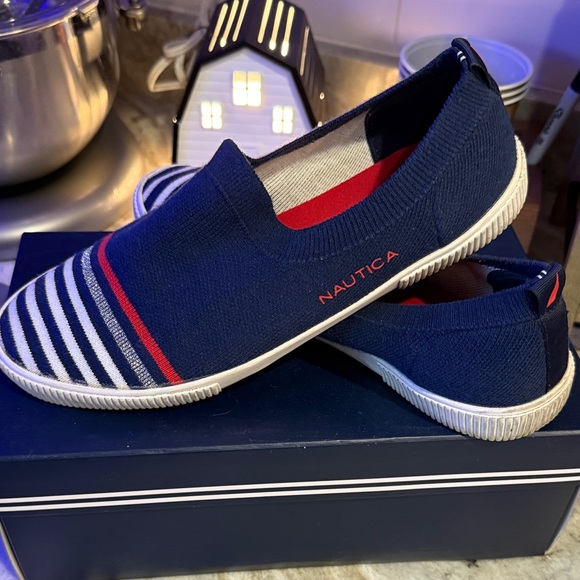 Nautica Shoes - Nautica Blue Slip-On Shoes with Red and White Stripes
